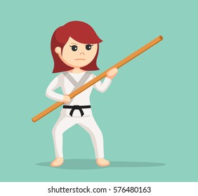 Karate Woman Holding Bo Staff