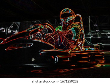 Kart racing neon light picture. Man in karting vehicle on track. Place for an inscription. Close-up.