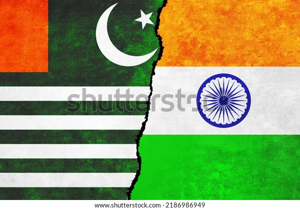 Kashmir and\
India painted flags on a wall with a crack. India and Kashmir\
relations. Kashmir and India flags\
together
