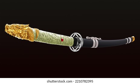 Katana With Ivory Handle And Gold Accents. 3D