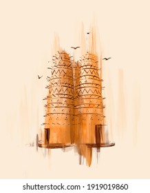 Aldea Katara, Doha - Qatar. Torre de pichón artística vota aldea cultural tradicional de Katara. Torre de pichón Pintura con pájaros