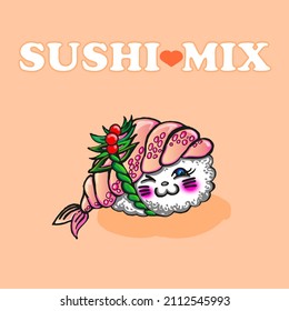 Kawai Nigiri. Cute Sushi With Pink Cheeks And Blue Eyes With Shrimp On A Peach Background