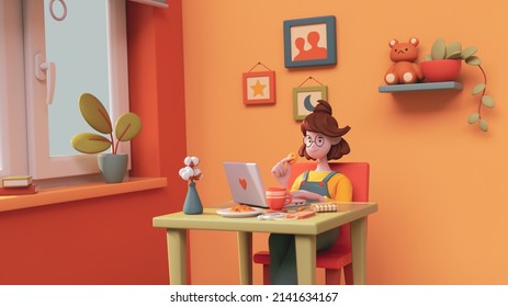 Kawaii casual funny smiling girl use computer for study near window. Teen room with red-yellow walls green table chair, plant, books, coffee cup, bear toy, smartphone, cookies. 3d render minimal style - Powered by Shutterstock