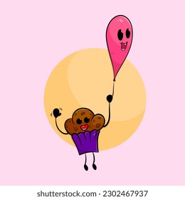 kawaii chocolate cupcake holding a happy pink balloon and flying in the air.
 - Powered by Shutterstock