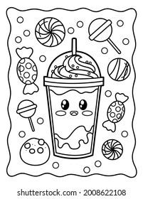 Kawaii Coloring Page. Cool Drink With A Straw. Coloring. Black And White Illustration.