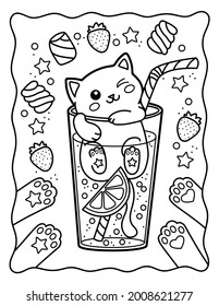 Kawaii Coloring Page. Cool Kitten In A Glass With Lemonade. Coloring Book. Black And White Illustration.