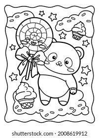 Kawaii coloring page Cool panda and big lollipop  Sweets  Coloring book  Black   white illustration 