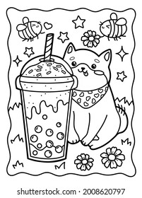 Kawaii coloring page cute corgi dog and bubble cocktail  Coloring book  Black   white illustration 