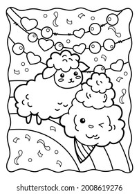 Kawaii coloring page  Cute lamb   cotton candy  Sweets  Coloring book  Black   white illustration 