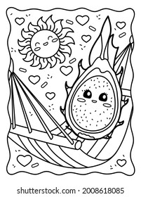 Kawaii coloring page  Dragon fruit lies hammock  Cool coloring  Black   white illustration 