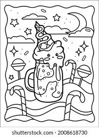 Kawaii Coloring Page. Ice Cream Jar. Smoothie. Sweets. Coloring Book. Black And White Illustration.