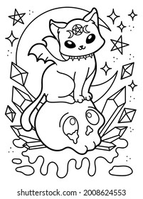 Kawaii coloring page. Mystic. The cat is sitting on the skull. Halloween. Black and white illustration.