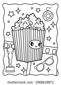 Kawaii Coloring Page. Popcorn. Movies, Sweets. Coloring Book. Black And White Illustration.