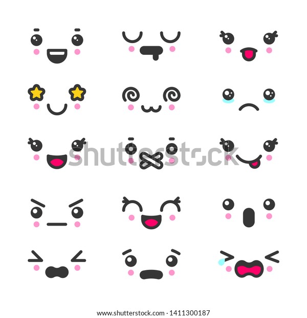 Kawaii Suss Gesichter Emoticons Symbol Set Stockillustration