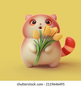 Kawaii cute fat red cat with open mouth, big orange eyes, striped tail holding bouquet of yellow tulips in its paws congratulates you on March 8. Hello spring happy holiday. 3d render in pastel colors