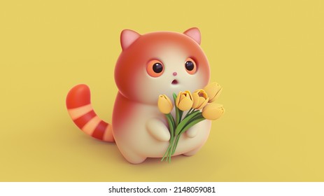 Kawaii cute fat red cat with open mouth, big orange eyes, striped tail holding bouquet of yellow tulips in its paws congratulates you on March 8. Hello spring happy holiday. 3d render in minimal style - Powered by Shutterstock