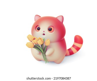 Kawaii cute fat red cat with open mouth, orange eyes, striped tail holding bouquet of yellow tulips in its paws congratulates you on March 8. Hello spring holiday. 3d render isolated on white backdrop - Powered by Shutterstock