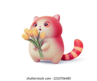 Kawaii Cute Fat Red Cat With Open Mouth, Orange Eyes, Striped Tail Holding Bouquet Of Yellow Tulips In Its Paws Congratulates You On March 8. Hello Spring Holiday. 3d Render Isolated On White Backdrop