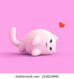 Kawaii cute fat white kitten in lying pose sleeping on pink backdrop. Floating red heart shape. Good night, sweet dreams, I love you, lazy days. Minimal stylized art style, cartoon card. 3d render.