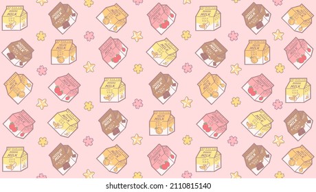 kawaii cute japanese fruit flavored milk carton with cherry blossom sakura flowers graphic art design in pink background with japanese character for banana, chocolate, melon, strawberry milk  