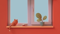 Kawaii Domestic Red Cat With White Spots Sits On A Yellow Windowsill Against The Sunlight And Looks Outside. Home Comfort, Green Plant In A Blue Pot, Books, Plastic Window. 3d Render In Minimal Style.