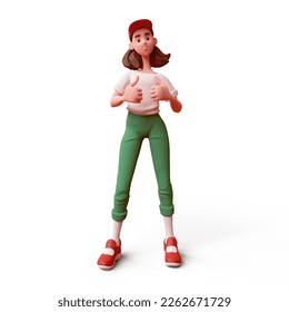 Kawaii excited casual asian colorful active brunette k-pop girl in fashion clothes green pants t-shirt, cap, socks showing thumb up, hand gesture good job respect. 3d render isolated on white backdrop
