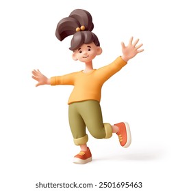 Kawaii excited cheerful asian smiling child girl in casual fashion clothes, yellow pullover, green pants, red sneakers jumps, waves one hand in greeting, hi gesture. 3d render isolated white backdrop. - Powered by Shutterstock