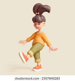 Kawaii excited cheerful asian smiling child girl in casual fashion clothes, yellow pullover, green pants, red sneakers walks in a funny playful humorous pose having fun. 3d render in pastel colors. - Powered by Shutterstock