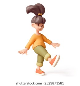 Kawaii excited cheerful asian smiling child girl in casual fashion clothes, yellow pullover, green pants, red sneakers walks in a funny playful humorous pose, fun. 3d render isolated white backdrop. - Powered by Shutterstock