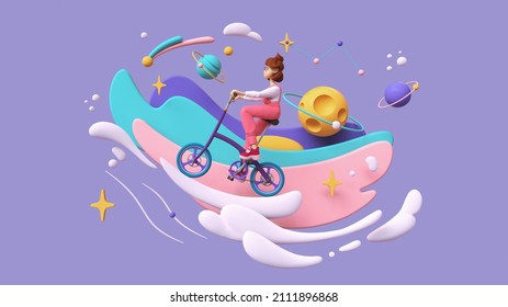 Kawaii funny girl wears pink apron rides bicycle up on white clouds in space on lilac backdrop with floating purple turquoise clouds, stars planets, yellow moon. Minimal art, moving forward. 3d render