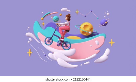 Kawaii funny girl wears pink overalls rides bicycle up on white clouds in space on lilac backdrop, floating purple turquoise clouds, stars, planets, yellow moon. Minimal art, moving forward. 3d render