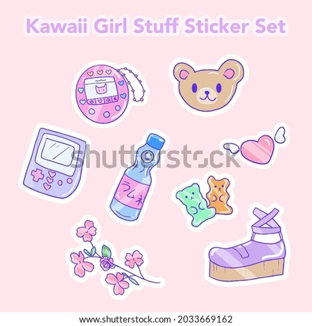 Kawaii girl stuff isolated sticker set.  90s aesthetic Japanese girl cute icons.