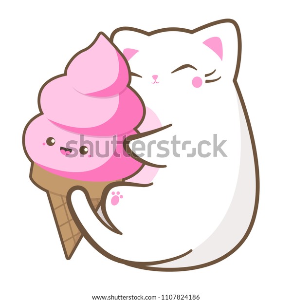 大きな甘いイチゴのアイスクリームを楽しむかわいい太った白い猫のイラスト のイラスト素材