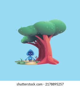 Kawaii little cute blue robot walks in the woods along yellow path near large trees, gray rabbit. Friendly bot with a smile on the screen enjoys nature. Concept art of technology and nature. 3d render