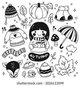 Kawaii Little Girl and Autumn Accessories in Doodle Style