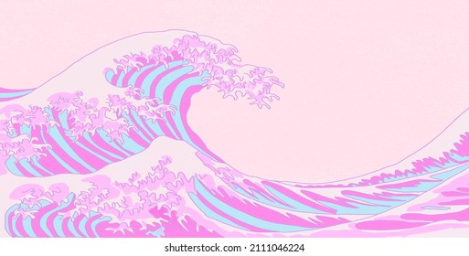 Kawaii Pink Colored Great Wave Painting In Pastel Color Baby Pink Background, Graphic Design For Cute Desk Mat 