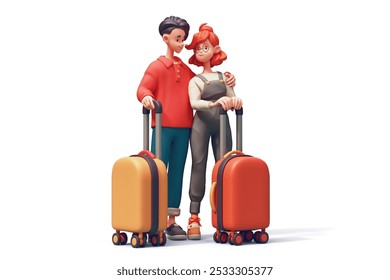 Сute kawaii young asian married couple goes on summer vacation to travel abroad. Two people in colorful fashion casual red blue gray clothes, orange yellow suitcases. 3d render isolated white backdrop - Powered by Shutterstock