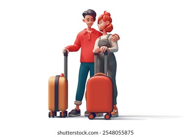 Сute kawaii young asian married couple goes on summer vacation to travel abroad. Two people in colorful fashion casual red blue gray clothes, orange yellow suitcases. 3d render isolated white backdrop - Powered by Shutterstock