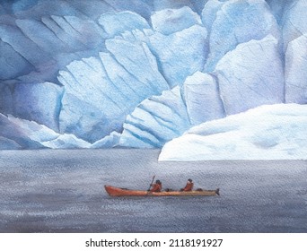 Kayak In The Northern Sea Among The Ice. Watercolor Drawing. Travelers In A Boat Among Icebergs. Ice Wall. Winter Landscape.