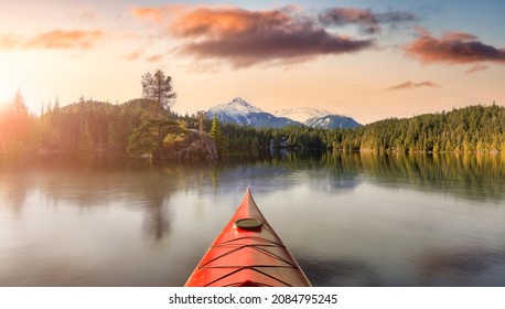 Kayaking in a peaceful lake in Canadian Mountain Nature Landscape. 3d Rendering Kayak Art Render. Sunrise Sky. Image from Squamish, British Columbia, Canada. Adventure Travel concept