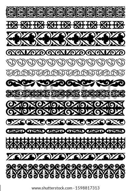 Kazakh national Islamic seamless ornaments. Set of\
ornate muslim borders, dividers and frames for covers, certificates\
or diplomas. Simple elegant line patterns in arabesque, nomadic\
ethnic style.
