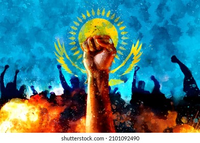 Kazakhstan protest, demonstration, revolution, political and financial crisis concept. Raised fist up against of national flag of Republic of Kazakhstan. Symbol of struggle for rights and freedoms.