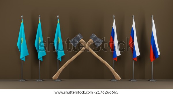 Kazakhstan vs Russia, Flags of Kazakhstan\
and Russia, Kazakhstan Russia in world war crisis concept  3D work\
and 3D\
illustration