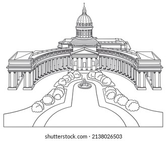 Kazan Cathedral In Saint Petersburg Russia, Line Art Architecture Drawing, Hand Drawn City Scape Illustration On White Background