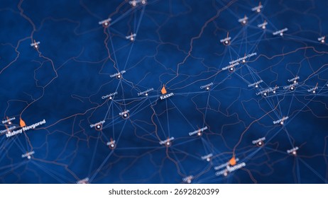 Kazan map big data visualization. Futuristic map infographic of city in Russia. Visual map data complexity in modern blue and orange colors. 3D Illustration