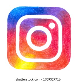 Kazan, Russia - August 14, 2019: Instagram logo drawed by hand with color pencils
