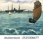 The "Kearsarge" at Boulogne (1864) painting in high resolution by edouard Manet. Ocean sea landscape. Vintage sea landscape art drawing illustration, old painting landscape art print of ocean and sea.