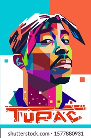 Kediri Indonesia Desember 3-2019: Tupac Shakur Pop Art Portrait, WPAP Style, Colorful Art Style