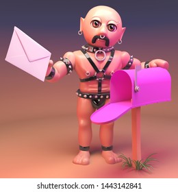 Keen Gay Leather Fetish Man Checks His Pink Mailbox, 3d Illustration Render