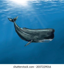Keith Sperm whale on the background of the ocean. Watercolor illustration